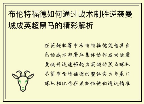 布伦特福德如何通过战术制胜逆袭曼城成英超黑马的精彩解析
