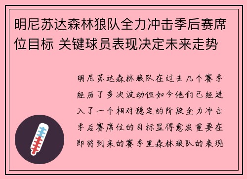 明尼苏达森林狼队全力冲击季后赛席位目标 关键球员表现决定未来走势